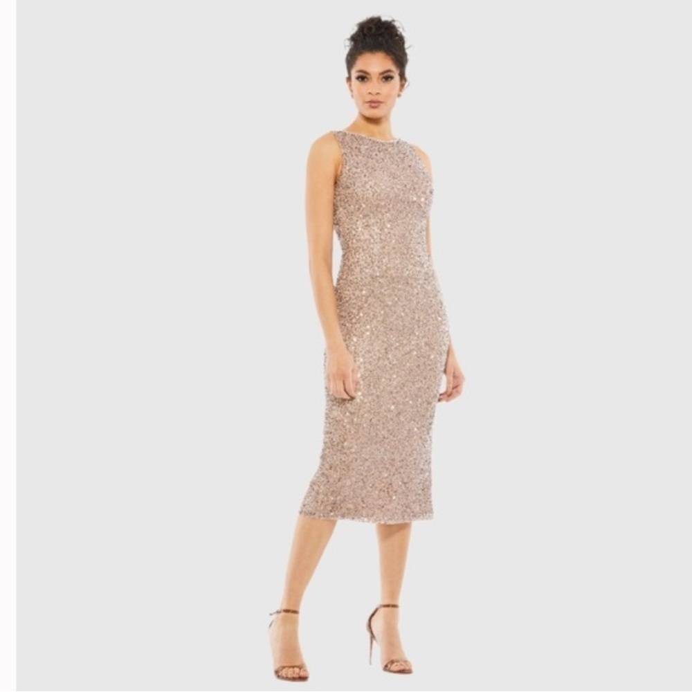 NWT Mac Duggal Rose Gold Sleeveless Sequined Midi Sheath Dress, Size 14